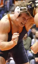 Top-seeded John Dergo advanced to the semifinals of the Big Ten Championships with a third-period pin over eighth-seeded Nick Corpe of Purdue.