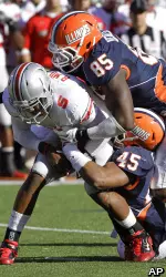 Whitney Mercilus (85) and Jonathan Brown (45) combined for 26 tackles, 5.0 TFL nd 3.0 sacks against the Buckeyes.