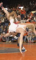 No. 7 B.J. Futrell notched a pin in the first period against Lock Haven on Saturday.