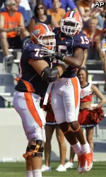 Jack Cornell and Darius Millines celebrate after Millines' 45-yard touchdown reception in the second quarter.