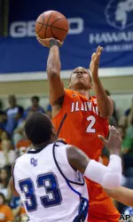 Joseph Bertrand shoots over Chaminade guard De'Andre Haskins.