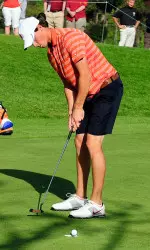Thomas Pieters sinks his final putt on No. 9 to win the 2012 NCAA title by three shots. (AP Photo/Pierson Clair)
