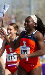 The 4x100m relay team celebrate their victory at the Drake Relays on Saturday.