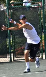 Jared Hiltzik scored the winning point for the Illini this afternoon, defeating Pfister 6-4, 3-6, 6-2
