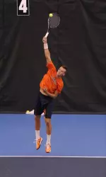 Brian Page was the first to claim a singles victory today, dispatching Stefan Menichella in straight sets.
