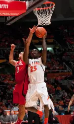 Freshman Kendrick Nunn continued his hot shooting from beyond the arc, connecting on 3-of-4 three-pointers on his way to a team-high 13 points.