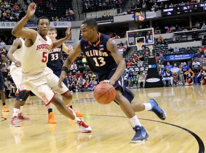 Tracy Abrams (13) vs. Indiana at the 2014 Big Ten Tournament (Victor Cortez/Illinois Athletics)