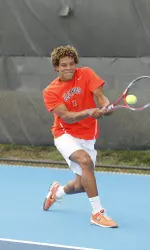 Julian Childers picked up his first singles victory in 2014, defeating Detroit's Tanguy Crosnier 6-0, 6-1.