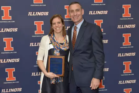 The Illini Life Skills team award went to the women's gymnastics team and head coach Kim Landrus - Fighting Illini All-Sports Celebration, April 28, 2014, at the Holiday Inn Urbana (Darrell Hoemann/Illinois Athletics)