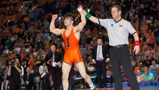 Isaiah Martinez celebrates his victory over Brian Realbuto (Cornell) at the 2015 NCAA Wrestling Championships.