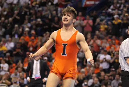 Illinois' Isaiah Martinez is overcome with joy after defeating Cornells' Brian Realbuto during the 157 pound class match of the 2015 NCAA Division 1 Wrestling Championships at the Scottrade Center in St. Louis on March 21, 2015. Photo by Bill Greenblatt/UPI