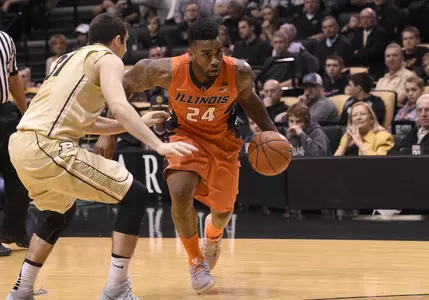 Mar 7, 2015; West Lafayette, IN, USA; Illinois Fighting Illini guard Rayvonte Rice (24) drives past Purdue Boilermakers guard Dakota Mathias (31) in the first half at Mackey Arena. Mandatory Credit: Sandra Dukes-USA TODAY Sports