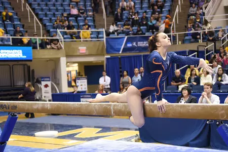 Giana O'Connor on beam at the NCAA Morgantown Regional
