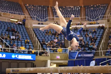 Erin Buchanan on beam at the NCAA Morgantown Regional