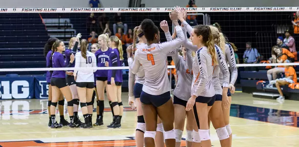 VB-Team huddle vs. Northwestern