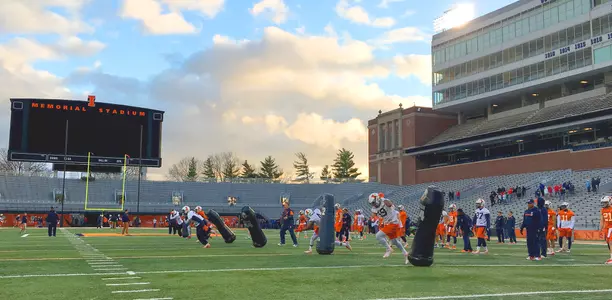 Football practice inside Memorial Stadium Spring 2016