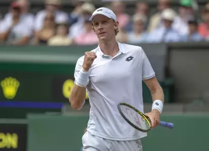 Jul 13, 2018; London, United Kingdom; Kevin Anderson (RSA) reacts during his match against John Isner (USA) on day 11 at All England Lawn and Croquet Club. Mandatory Credit: Susan Mullane-USA TODAY Sports