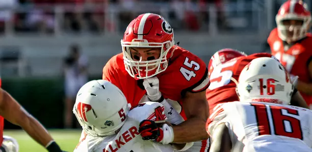 Georgia tight end Luke Ford (45) during the Bulldogs' game against Austin Peay at Sanford Stadium in Athens, Ga., on Saturday, Sept. 1, 2018. (Photo by Jim Hipple)