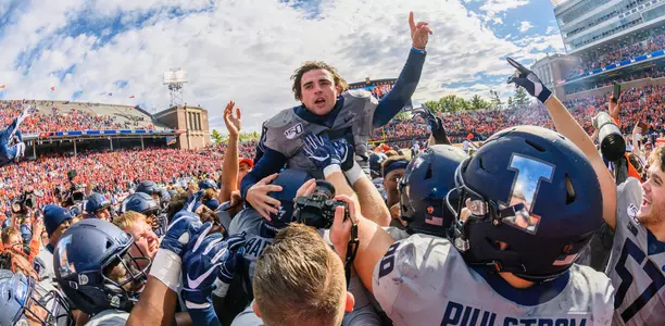 Oct 19, 2019; Champaign, IL, USA; Illinois Fighting Illini place kicker James McCourt (17) celebrates with teammates after kicking the game winning field goal against the Wisconsin Badgers at Memorial Stadium. Mandatory Credit: Patrick Gorski-USA TODAY Sports