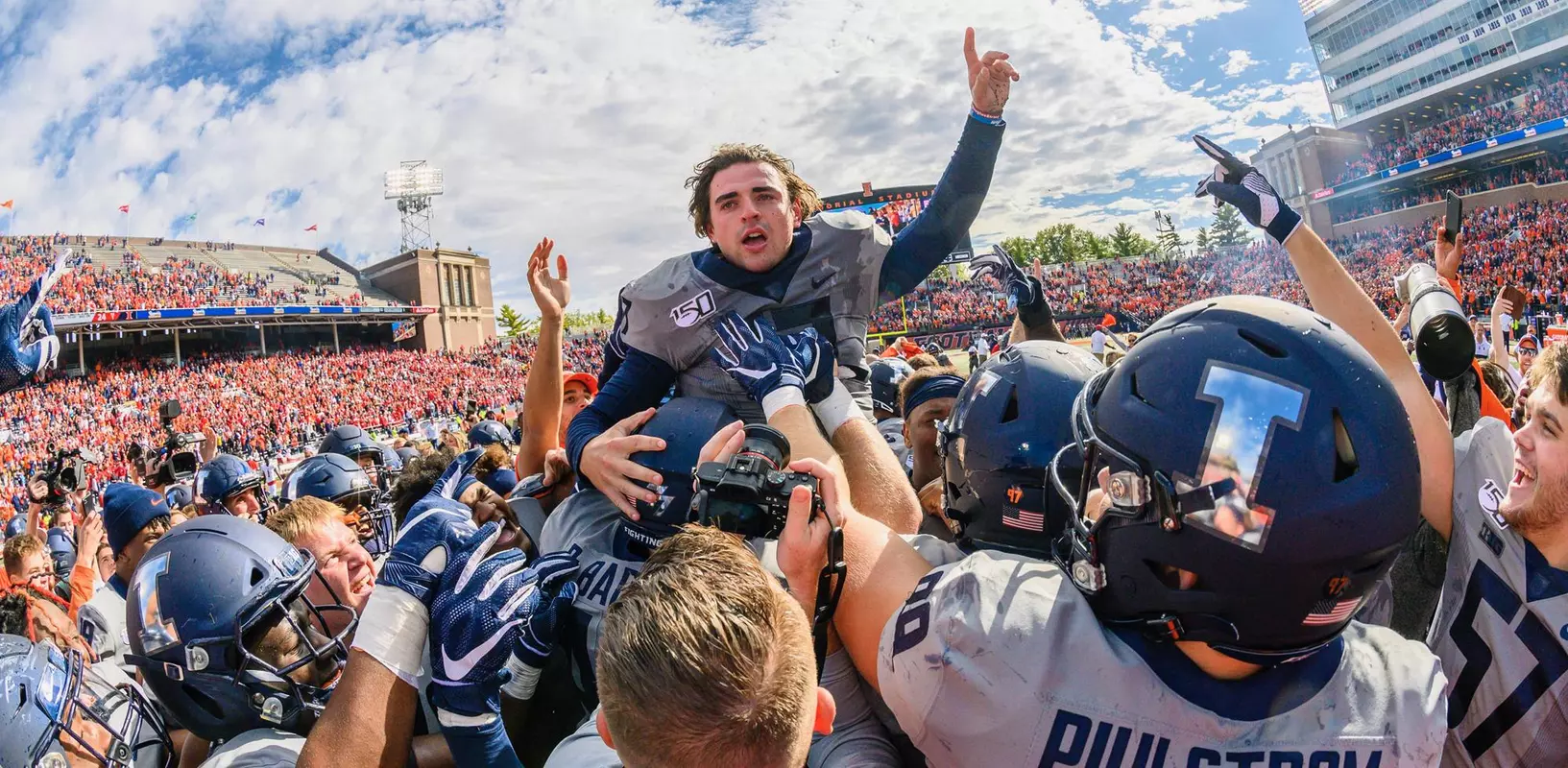 Oct 19, 2019; Champaign, IL, USA; Illinois Fighting Illini place kicker James McCourt (17) celebrates with teammates after kicking the game winning field goal against the Wisconsin Badgers at Memorial Stadium. Mandatory Credit: Patrick Gorski-USA TODAY Sports