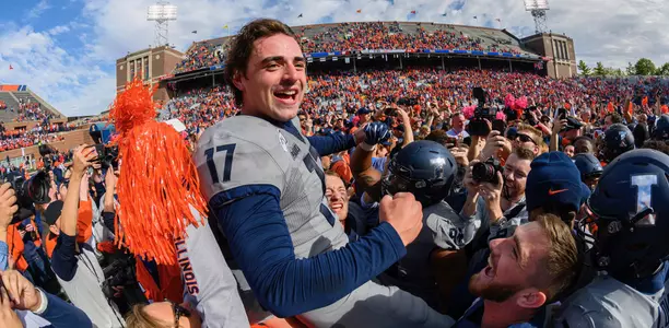 Oct 19, 2019; Champaign, IL, USA; Illinois Fighting Illini place kicker James McCourt (17) celebrates with teammates after kicking the game winning field goal against the Wisconsin Badgers at Memorial Stadium. Mandatory Credit: Patrick Gorski-USA TODAY Sports