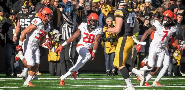 Illinois Fighting Illini defensive back Sydney Brown (30) interception celebration, Illinois Fighting Illini defensive back Nick Walker (20), Illinois Fighting Illini defensive back Stanley Green (7)
Illinois Football at Iowa in Iowa City, Iowa
November 21, 2019