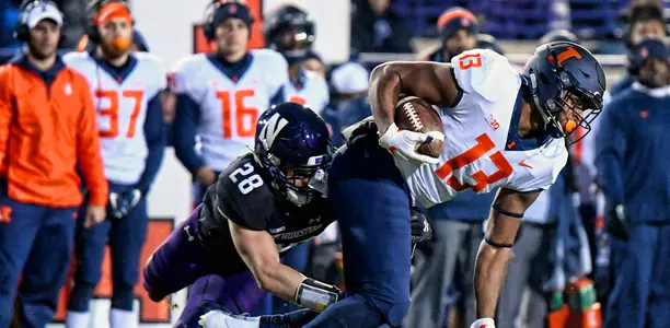 wide receiver Caleb Reams of the Illinois Fighting IlliniIllinois Football at Northwestern in Evanston, Illinois November 24, 2018Photo Credit: USA Today Sports / Illinois Athletics