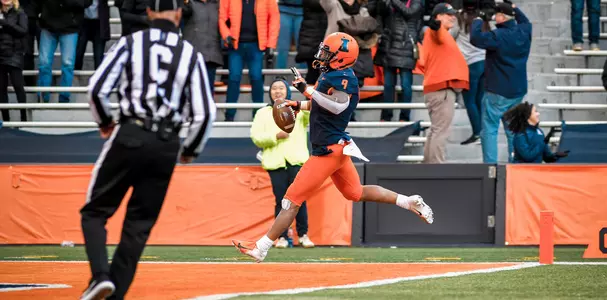 Illinois Fighting Illini linebacker Dele Harding (9) interception touchdown, pick six celebrationIllinois Football vs. Rutgers in Champaign, IllinoisNovember 02, 2019