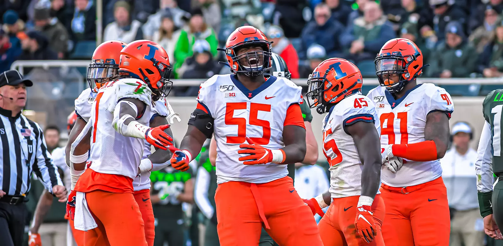 Illinois Fighting Illini defensive lineman Jamal Milan (55) celebrationIllinois Football at Michigan State in East Lansing, MichiganNovember 09, 2019