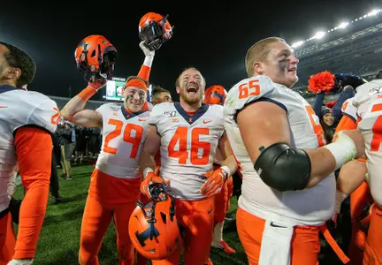 Illinois Fighting Illini defensive back Christian Bobak (29), Illinois Fighting Illini linebacker Alec McEachern (46), Illinois Fighting Illini offensive lineman Doug Kramer (65) postgame celebrationIllinois Football at Michigan State in East Lansing, MichiganNovember 09, 2019
