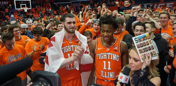 Illinois Fighting Illini forward Giorgi Bezhanishvili (15), Illinois Fighting Illini guard Ayo Dosunmu (11)court storm postgame celebrationIllinois Men's Basketball vs. Michigan State in Champaign, IllinoisFebruary 05, 2019Photo Credit: Edwin Capuli / Illinois Athletics