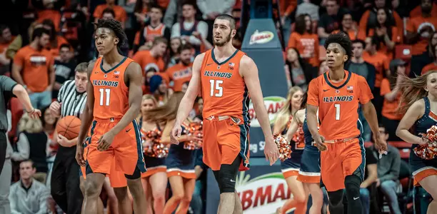 Illinois Fighting Illini guard Ayo Dosunmu (11), Illinois Fighting Illini forward Giorgi Bezhanishvili (15), Illinois Fighting Illini guard Trent Frazier (1)Illinois Men's Basketball vs. Northwestern in Champaign, IllinoisMarch 03, 2019Photo Credit: Craig Pessman / Illinois Athletics