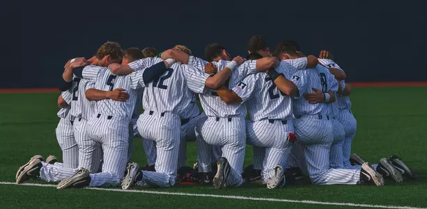 The Illinois Baseball team meets prior to starting lineups during Illinois Baseball vs Indiana State at Illinois Field on May 01, 2019 in Champaign, Illinois. Illinois defeated Indiana State 5-2. (Photo by Andy Wenstrand)