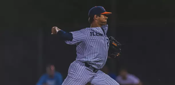 University of Illinois Baseball Garrett Acton Junior Pitcher #26 takes the mound to close out the game during Illinois Baseball vs Indiana State at Illinois Field on May 01, 2019 in Champaign, Illinois. Illinois defeated Indiana State 5-2. (Photo by Andy Wenstrand)