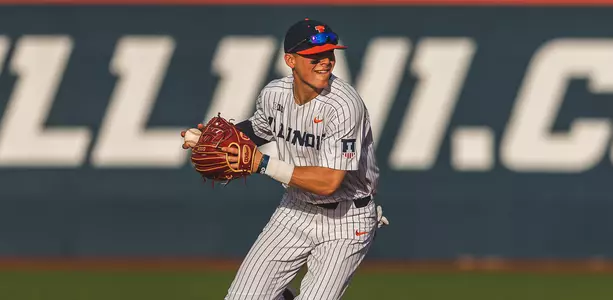 University of Illinois Baseball Michael Massey Junior 2B #6 fields a ball and begins to throw to first base during Illinois Baseball vs Indiana State at Illinois Field on May 01, 2019 in Champaign, Illinois. Illinois defeated Indiana State 5-2. (Photo by Andy Wenstrand)