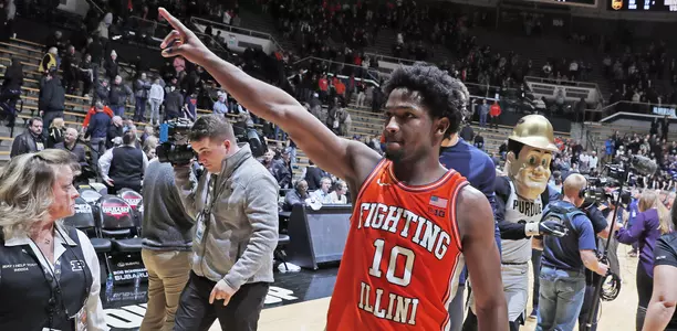Jan 21, 2020; West Lafayette, Indiana, USA; Illinois Fighting Illini guard Andres Feliz (10) reacts after winning the game against the Purdue Boilermakers at Mackey Arena. Mandatory Credit: Brian Spurlock-USA TODAY Sports