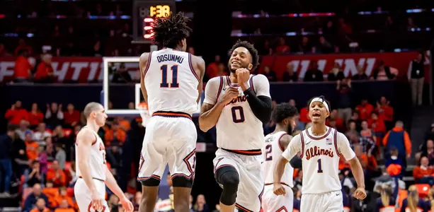 Jan 5, 2020; Champaign, Illinois, USA; Illinois Fighting Illini guard Ayo Dosunmu (11) and guard Alan Griffin (0), and guard Trent Frazier (1) celebrates during the second half against the Purdue Boilermakers at State Farm Center. Mandatory Credit: Patrick Gorski-USA TODAY Sports