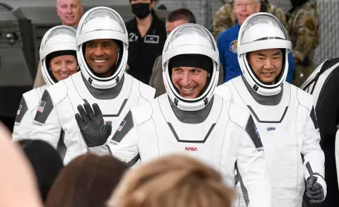 SpaceX Crew-1 astronauts Shannon Walker, Victor Glover, Michael Hopkins, and Soichi Noguchi wave to the crowd before heading to the launch pad Sunday, November 15, 2020. The four will ride a Falcon 9 rocket to the International Space Station.
Space X Nasa Crew 1 Launch