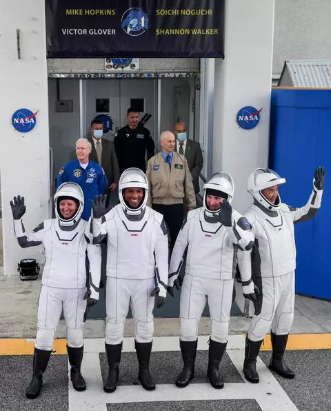 SpaceX Crew-1 astronauts Shannon Walker, Victor Glover, Michael Hopkins, and Soichi Noguchi wave to the crowd before heading to the launch pad Sunday, November 15, 2020. The four will ride a Falcon 9 rocket to the International Space Station.
Space X Nasa Crew 1 Launch