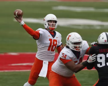 Nov 21, 2020; Lincoln, Nebraska, USA; Illinois Fighting Illini quarterback Brandon Peters (18) throws against the Nebraska Cornhuskers in the second half at Memorial Stadium. Mandatory Credit: Bruce Thorson-USA TODAY Sports