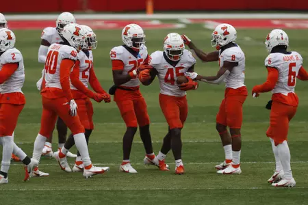 Nov 21, 2020; Lincoln, Nebraska, USA; Illinois Fighting Illini linebacker Khalan Tolson (45) celebrates after recovering a fumble against the Nebraska Cornhuskers in the second half at Memorial Stadium. Mandatory Credit: Bruce Thorson-USA TODAY Sports