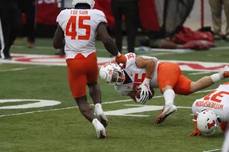 Nov 21, 2020; Lincoln, Nebraska, USA; Illinois Fighting Illini linebacker Jake Hansen (35) intercepts a pass against the Nebraska Cornhuskers in the second half at Memorial Stadium. Mandatory Credit: Bruce Thorson-USA TODAY Sports