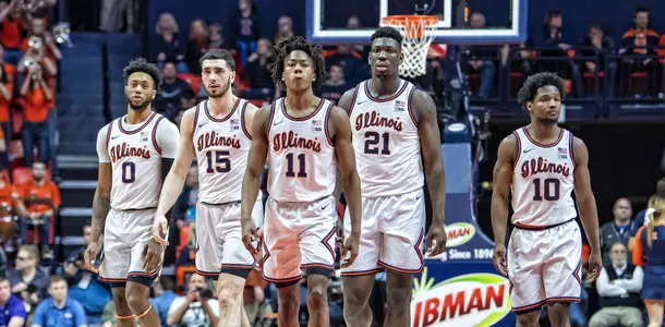 Mar 1, 2020; Champaign, Illinois, USA; (left to right) Illinois Fighting Illini guard Alan Griffin, forward Giorgi Bezhanishvili, guard Ayo Dosunmu, center Kofi Cockburn and guard Andres Feliz are seen during the second half against the Indiana Hoosiers at State Farm Center. Mandatory Credit: Patrick Gorski-USA TODAY Sports