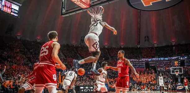 Mar 1, 2020; Champaign, Illinois, USA; Illinois Fighting Illini guard Ayo Dosunmu (11) shoots against Indiana Hoosiers forward Race Thompson (25) during the second half at State Farm Center. Mandatory Credit: Patrick Gorski-USA TODAY Sports