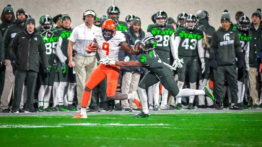 Illinois Fighting Illini wide receiver Josh Imatorbhebhe (9) touchdown stiff armIllinois Football at Michigan State in East Lansing, MichiganNovember 09, 2019