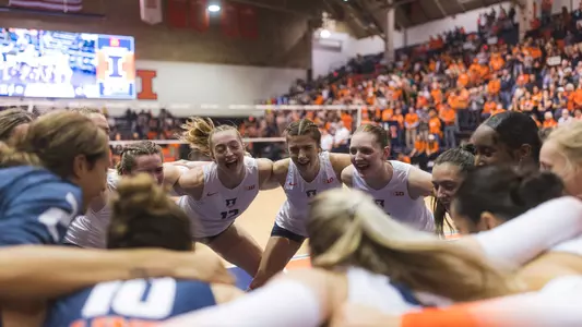 during the game between the Purdue Boilermakers and the Illinois Fighting Illini at Huff Hall. The Boilermakers won 3-2, 16-14 in the 5th set. Photo by Andy Wenstrand.