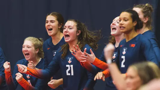 Sep 10, 2022; Dayton, Ohio, United States; The Illinois Fighting Illini bench celebrates during the game between the Dayton Flyers and the Illinois Fighting Illini at Fredricks Center. The Fighting Illini won 3-0. Photo by Andy Wenstrand.