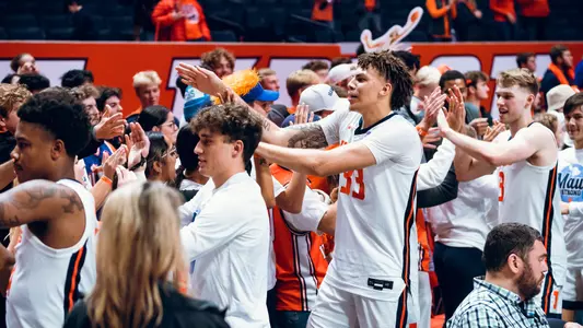 CHAMPAIGN, IL - October 29, 2023 - Illinois Forward Coleman Hawkins (#33) after the Maui Charity Exhibition game between the Kansas Jayhawks and the Illinois Fighting Illini at State Farm Center in Champaign, IL. Photo By Kevin Snyder