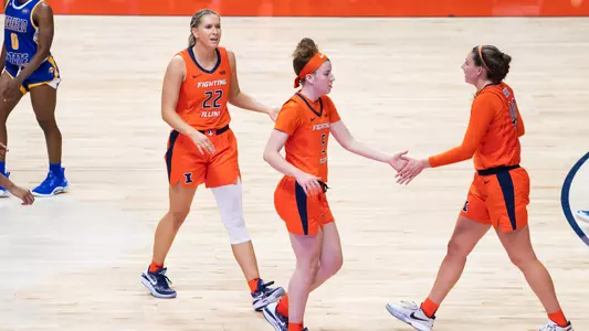 CHAMPAIGN, IL - November 07, 2023 - Illinois Forward Shay Bollin (#22), Illinois Guard Gretchen Dolan (#5), and Illinois Forward Kendall Bostic (#44) during the game between the Morehead State Eagles and the Illinois Fighting Illini at State Farm Center in Champaign, IL. Photo By Kevin Snyder