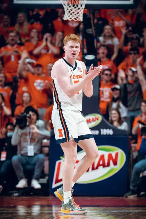 Image Taken At Illinois Fighting Illini vs. Michigan Wolverines Men’s Basketball Game, State Farm Center, University of Illinois, Champaign, IL, Thursday, March 2, 2023. Courtney Bay/Illinois Basketball